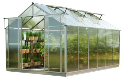 Zdjęcie produktu dla GFP szklarnia Topas 6 rama aluminiowa 225x384 cm - płytami poliwęglanowymi ok. 6 mm - z ramą fundamentową i aut. mechanizm otwierania okien