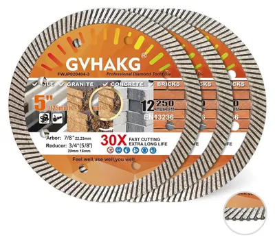 Immagine prodotto di Disco diamantato da taglio turbo sottile da 125 mm per piastrelle, granito, marmo, cemento, Vetroceramica, mattoni, confezione da 3 pezzi