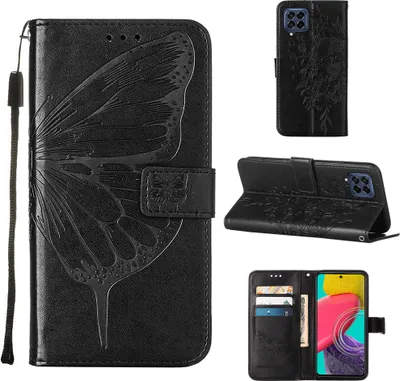 Produktbild von Galaxy M33 5G Hülle, Schmetterling Prägung Flip Leder Kartenfächer Schutzhülle Ledertasche mit Ständer für Samsung Galaxy M33 5G Schwarz