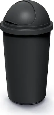 A black trash can with a dome lid.