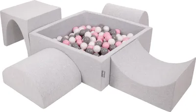 Produktbild von KiddyMoon spielplatz aus schaumstoff mit quadrat bällebad (300 bälle) ballgruben für babys spielbad hindernisläufen, hergestellt in der eu, hellgrau:weiß/grau/puderrosa