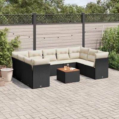 Produktbild von Design 10-tlg. Garten-Sofagarnitur mit Kissen Schwarz Poly Rattan, Gartenmöbel-Sets 2024 Neu