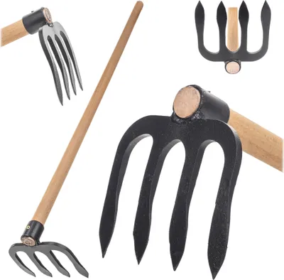 Produktbild von KADAX Kartoffelhacke mit 4 Zinken und langem Holzstiel, Gartenhacke aus geschmiedetem Stahl, Dunghacke für Gartenarbeit, Hacke für Garten, mit Stiel