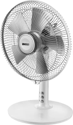 Der Unold TISCHVENTILATOR SILVERLINE ist ein silber-weißer elektrischer Tischventilator mit vier Flü