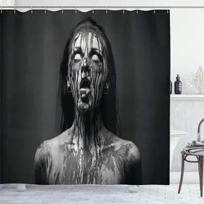 Obrázok produktu pre ABAKUHAUS Zombie sprchový záves, neobvyklý výkrik monštra so prázdnymi očami, hororový dizajn, 175 x 220 cm, čierno-biely
