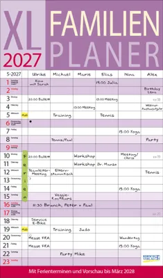 Produktbild von XL Familienplaner 2027: Familienkalender mit 6 breiten Spalten. Hochwertiger Familientimer mit Ferienterminen, extra Spalte, Vorschau bis März 2027 und nützlichen Zusatzinformationen.
