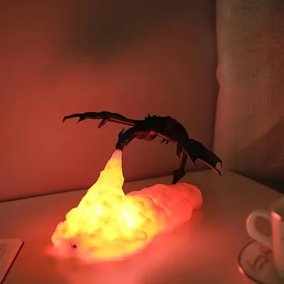 Produktbild von 3D-Drachenlampe mit LED, USB-aufladbar, 1000 mAh Akku, warmweißes Licht, Tisch- und Nachtlampe für Kinder – Fire Dragon