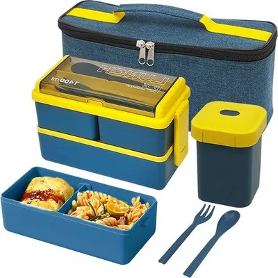 Image de Boîte à bento isotherme bleue à 3 compartiments avec gobelet