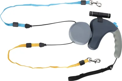 Obrázok produktu pre Dvojité vodítko pre psov, sivé, 3 m, pre 2 psov, s LED osvetlením, otočné o 360°, na venčenie
