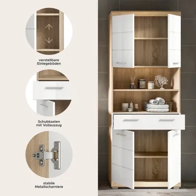 Produktbild von Lambada Hochschrank Bad 4 Türen, 1 Schublade, 2 Regale Weiß hochglanz, Eiche Nachbildung.