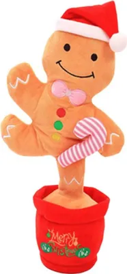Tanzender Lebkuchenmann Plüschtier mit Weihnachtsmütze, rosa Fliege und Lutscher in der Hand, in einem roten Topf mit aufgesticktem "Merry Christmas"