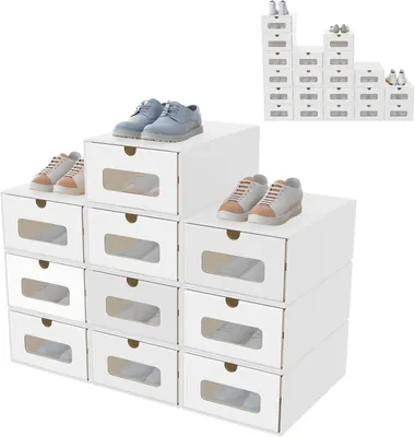 Produktbild von 20er-Schuhboxen-Set mit Sichtfenster und Schublade, Schuhaufbewahrung aus Kraftpapier, Schuhkartons für Schuhe, Zubehör und Accessoires, Weiß