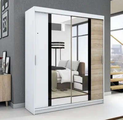 Produktbild von Schwebetürenschrank, 2-türig Schrank! Moderne Garderobe für Kleidung. Verschiedene Farben (Weiß, Schwarz, Somona) Kleiderschrank BRANI   160 cm