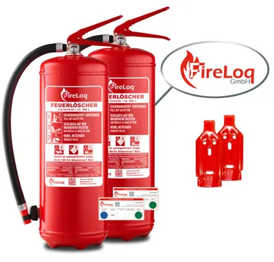 Produktbild von FireLoq 2x 6kg Pulver Feuerlöscher für Brandklasse ABC mit 27A | 183B | C ergibt 9 LE Dauerdruck inkl. Prüfnachweis,Wandhalter und Manometer
