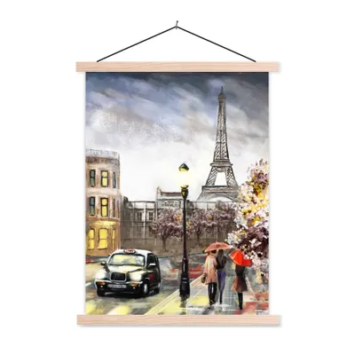 Produktbild von MuchoWow® Textilposter Gemälde - Paris - Frankreich - Öl 60x80 cm mit holzfarbenen Rahmen - Wandbild