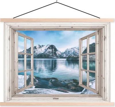 Produktbild von MuchoWow® Textilposter Aussicht - Berg - Wasser 120x90 cm mit holzfarbenen Rahmen - Magnetisch