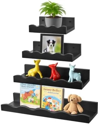 Productafbeelding van PromoHome® Set van 4 zwevende wandplanken – Houten plank voor wanddecoratie en opbergoplossing, zwart, 10x5x3 cm