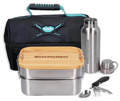 Produktbild von Toolbrothers Fan Lunchpaket in Makita Kühltasche mit Edelstahl Brotdose 2 Etagen Bambus Deckel 1340 ml + Edelstahl Trinkflasche 500 ml + 4 in 1 Multifunktions Besteck