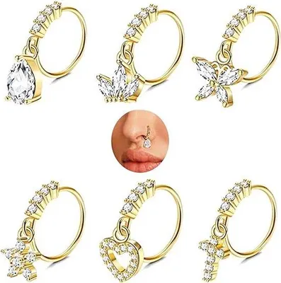 Produktbild von Unyqoos® 6er Set Neusringe 20G (0,8 mm) – 316L chirurgischer Stahl mit Zirkonia, hängende Hoops (Mond/Schmetterling/Herz/Kreuz/Tropfen/Stern) für Nase, Septum, Helix, Lippe
