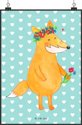 Produktbild von Mr. & Mrs. Panda Bild Fuchs Blumen DIN A2 - Türkis Pastell - Geschenk, Blumenliebe, Blume, Wandbild, Liebe, wanddeko, Plakat, Boho, Ich, drucke, Kunstdruck