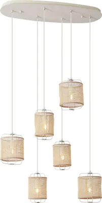 Produktbild von QAZQA - Japandi Japandi Hängelampe I Pendellampe I Pendelleuchte Beige mit Stoffschirmen 6-flammig - Yente - Stahl Oval I Rund - LED geeignet E27