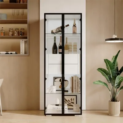 Produktbild von Vitrinenschrank 60x40x160cm mit gehärteter Glastür, 2 Schubladen und LED-Beleuchtung in Weiß für das Wohnzimmer