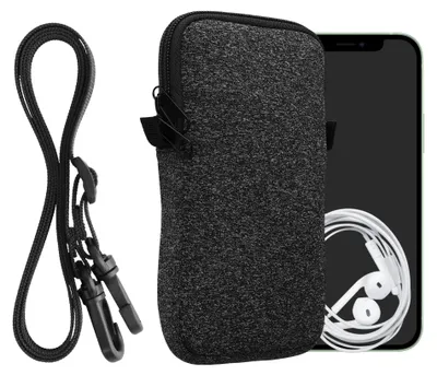 Produktbild von kwmobile Handytasche für Smartphones L - 6,5" - Neopren Handy Hülle Anthrazit Weiß mit Kordel - Handy Tasche mit Handykette 16,5 x 8,9 cm Innenmaße