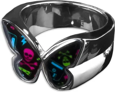 Produktbild von viva-adorno Gr. 53 (16,8 mm Ø) Edelstahl Damen Ring Schmetterling Buntes Motiv Animal Print Muster Fingerring Rockabilly RS47 Totenköpfe