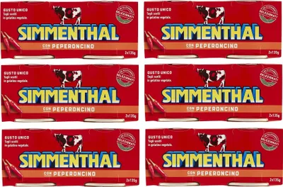 Produktbild von 6x Simmenthal con Peperoncino Fertiggericht aus Rindfleisch in Gemüsegelee Dosenfleisch mit Chili ( 2 x 135g )