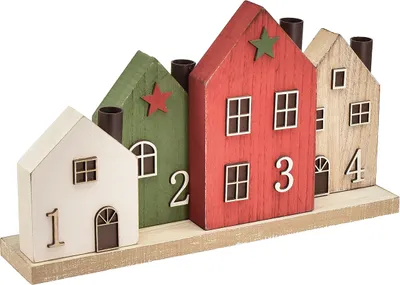 Produktbild von Adventskranz Kerzenhalter Holzhäuser Weihnachtsdeko Rot Grün Stabkerzen 35cmx20cm