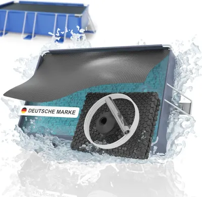 A solar cover for a rectangular swimming pool is shown, with a cutaway view revealing its construction and a close-up of a component. Water splashes around the product.