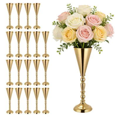 Image de Vases de mariage - Centre de table avec vases trompettes - Lot de 20 pièces - Hauteur 43 cm - Métal - Avec supports pour fleurs - Décoration de table pour mariage/fête/anniversaire/cérémonie - Doré