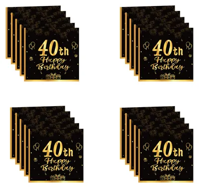 20 Papierservietten, 40. Geburtstag, Schwarz-Gold, Partyzubehör