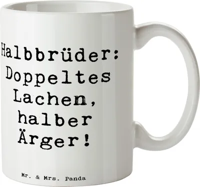 Produktbild von Mr. & Mrs. Panda Kaffeetasse Spruch Halbbruder Lachen - Weiß - Geschenk, Liebe, Keramiktasse, Freude, Ärger, Geburtstage, Teetasse, Familie, Geschwister, Dankeschön