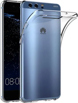 A clear, studio shot of a transparent phone case on a blue Huawei P10 smartphone.