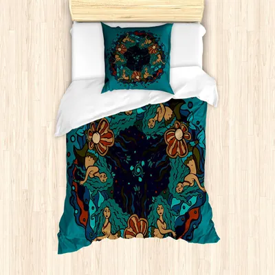 Produktbild von ABAKUHAUS Meerjungfrau Bettbezug Set, Kreis Meerjungfrau Illustrations Vintage Art Ornamental Muster, 135 x 200 cm + 80 x 80 cm, Teal Red Creme