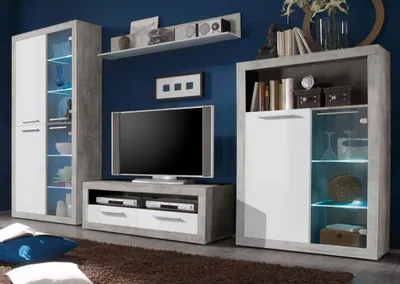 Produktbild von STONE Wohnwand Anbwauwand Wohnzimmer Set Wohnkombination Weiß / Beton