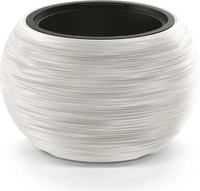A white, round planter with a textured surface and a black inner liner, shown against a white background.