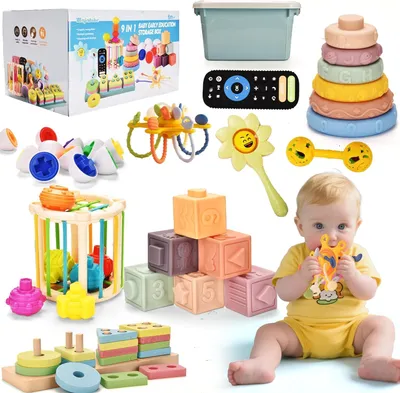Productafbeelding van Montessori-speelgoed voor baby's van 6 - 12 maanden - Stapelbaar - Sensorische en motorieke ontwikkeling - Voedselveilige siliconen bouwstenen