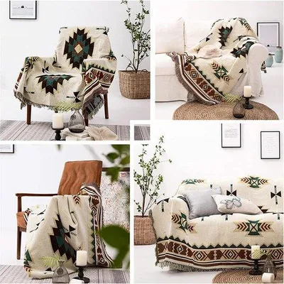 Produktbild von Unyqoos® Boho-Tagesdecke mit Fransen, 130 x 180 cm – gewebter Jacquard-Überwurf aus Baumwoll-Polyester, geometrisches Ethno-Design für Zuhause, Büro & Reise