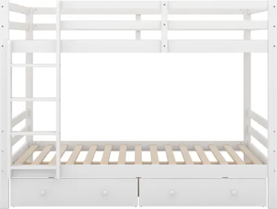 Produktbild von Flieks Etagenbett 140x200cm mit 2 Schubladen, Kinderbett mit Lattenrost und Rausfallschutz, Hochbett mit Leiter, Doppelbett Stockbett Holzbett, Weiß