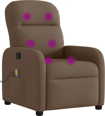 A brown fabric massage chair with purple circles indicating massage points.