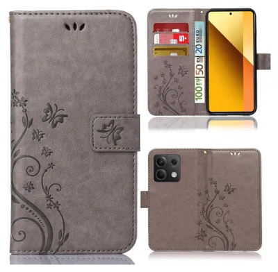 Produktbild von Handy Tasche für Xiaomi Redmi Note 13 5G Schutz Hülle Handyhülle mit Blumenmuster Klapp Hülle mit Standfunktion und Kartenfächer Grau