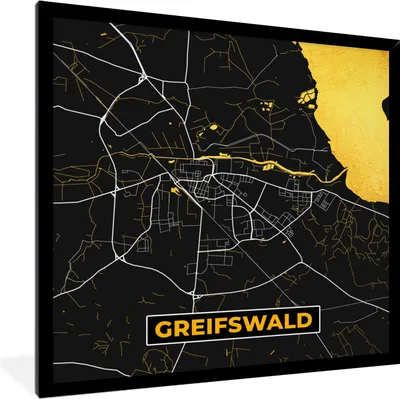 Produktbild von MuchoWow® Gerahmtes Poster Deutschland - Schwarz und Gold - Greifswald - Stadtplan - Karte 40x40 cm - Poster mit Schwarzem Bilderrahmen Wandposter Rahmen Foto Bilder - Mit Rahmen - Wanddekoration Schlafzimmer