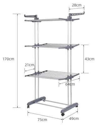 Zdjęcie produktu dla Suszarka do bielizny – suszarka na kółkach – 4 poziomy – składana – stal nierdzewna – 64×75×170 cm – do użytku wewnątrz i na zewnątrz – srebrna