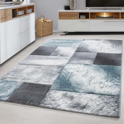 Productafbeelding van Ayyildiz Moderne en design vloerkleden Blauw 80x300 cm Laagpolig vloerkleed, geruit patroon, blauwe, vloerkleed voor de woonkamer, jute achterkant