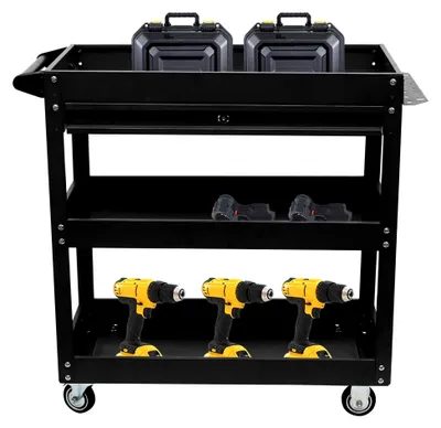 Produktbild von Mobiler Werkzeugwagen, 3-stufiger Werkstattwagen mit 4 Rädern, Tragkraft 150 KG, für Werkstätten, Garagen, Lagerhäuser und Baustellen, 76,3 x 35,3 x 83,5 cm (Schwarz)