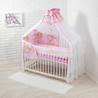Produktbild von HAPPY 13 Teiliges Babybett Kinderbett und Bettwäsche komplett Set höhenverstellbar aus Massivholz für Neugeborene Babys und Kleinkinder (Rosa-Teddybär auf Leiter)