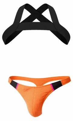 Image de Barcode Berlin - Sous-vêtement String Hommes - Multipack 1x RONAK Thong Orange + 1x MATT Harness Black - Taille S