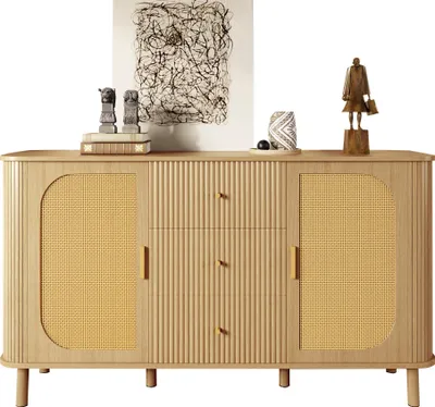 Image de Buffet - aspect bois - porte en rotin et tiroirs ondulés - pieds en métal avec veinures bois